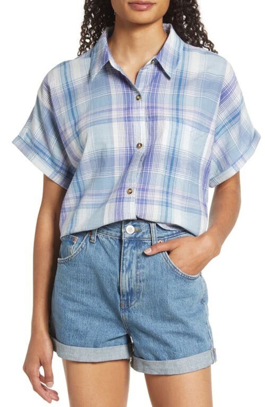 Lucky Womens Brand Plaid Cotton Workwear Shirt - Indigo Multi Sz S